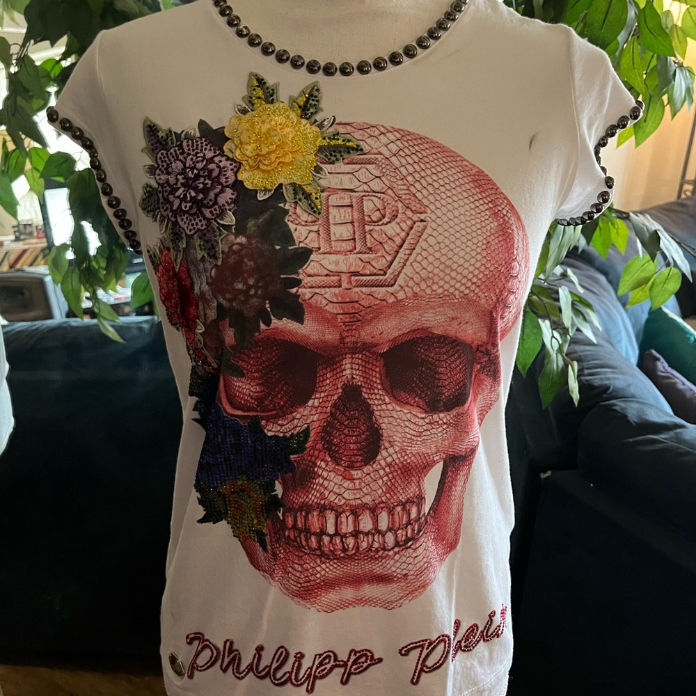 Authentic Philipp Plein 'Skull & Flowers' Studded Couture Tee - Picture 3 of 11